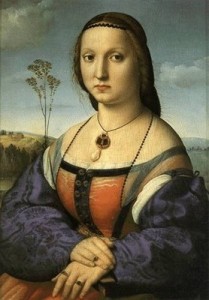 Raffaello Sanzio: “Ritratto Maddalena”anch’esso eseguito con tecnica ad olio su tavola nel 1506 (63 x 45) e come l’altro si trova custodito a Palazzo Pitti, Firenze.